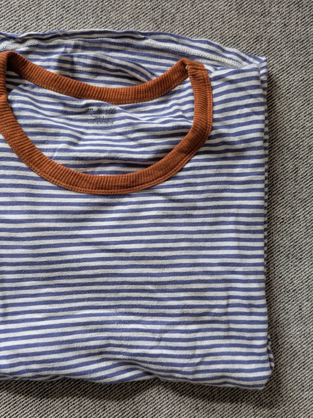 Madewell Blue & White Striped Short Sleeve Tee with Brown Trim